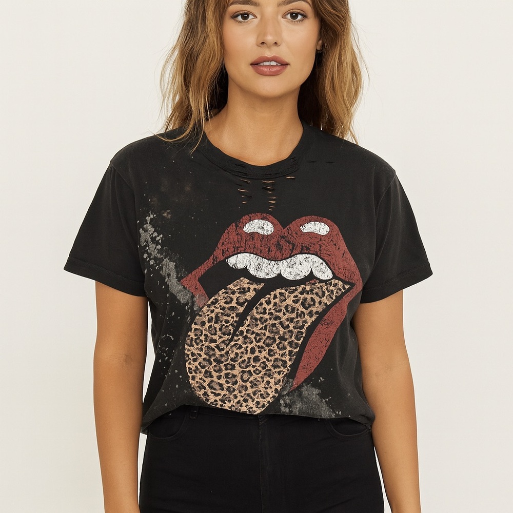 🪩 The Rolling‎ Stones Bleached Distressed Leopard Tongue Tee M